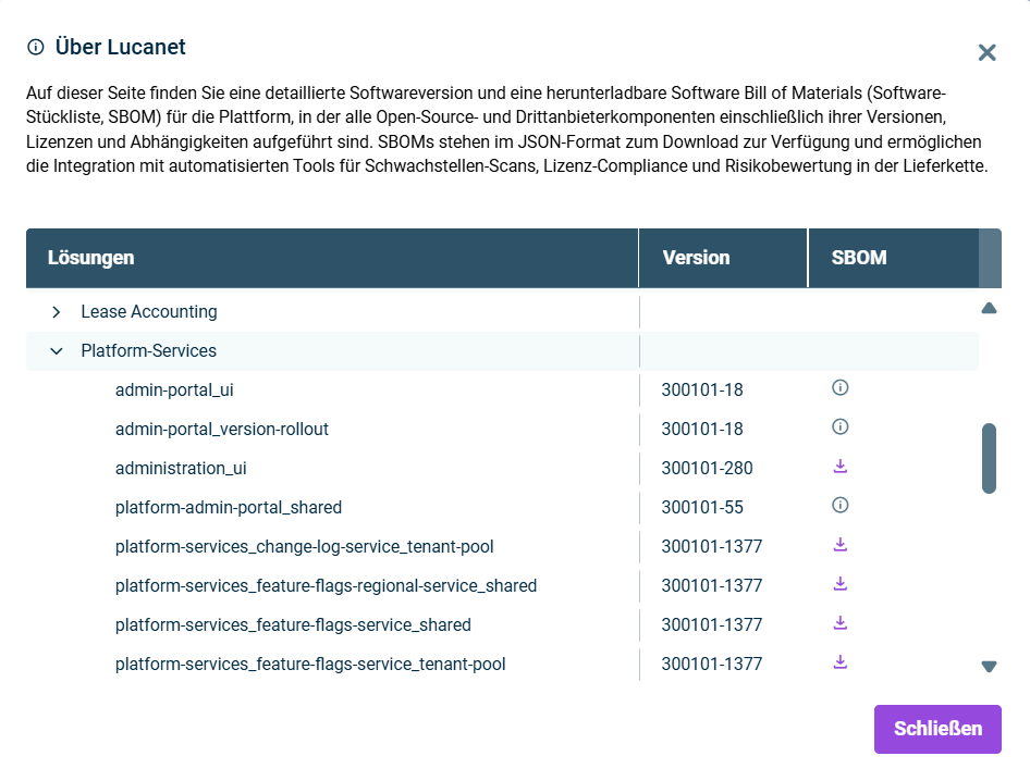 Zeigt den Dialog 'Über Lucanet' mit Download-Optionen für SBOM-Dateien an.