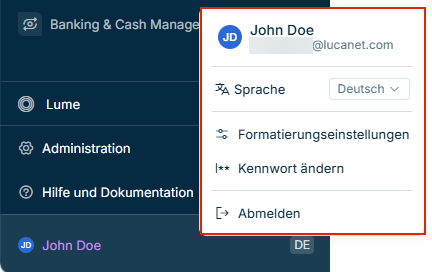 Der Bereich „Benutzerkonto“ am unteren Rand des Hauptmenüs bei geöffnetem Kontomenü mit den Optionen für Benutzername, E-Mail-Adresse, Sprachauswahl, Formatierungseinstellungen, Kennwort ändern und Abmelden