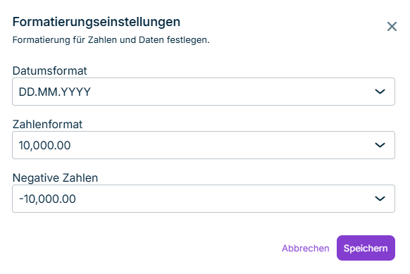 Der Dialog 'Formatierungseinstellungen' wird angezeigt. In diesem Dialog werden Formatierungen für Zahlen und Daten festgelegt.