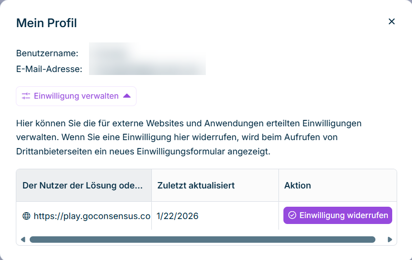 Zeigt den Dialog 'Mein Profil' mit Optionen zur Verwaltung der für externe Websites und Anwendungen erteilten Einwilligungen an.