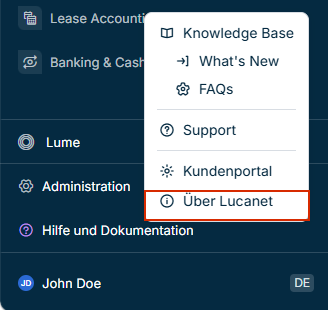 Zeigt das Kontextmenu des Bereichs 'Hilfe' im Hauptmenü an. Die Option 'Über Lucanet' ist rot umrandet.