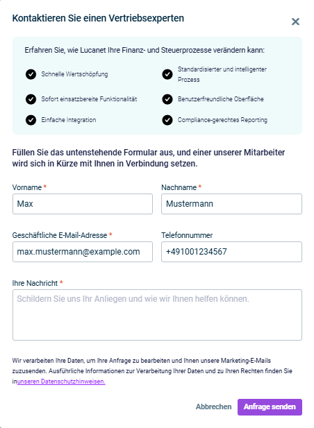 Zeigt das Formular 'Kontaktieren Sie einen Vertriebsexperten' mit Feldern für Vorname, Nachname, geschäftliche E-Mail-Adresse, Telefonnummer und Nachricht.