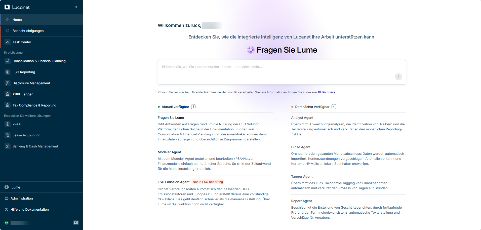 Zeigt die Startseite der Lucanet CFO Solution Platform. Die Bereiche für globale Funktionen im Hauptmenü 'Benachrichtigungen' und 'Task Center' sind rot umrahmt.