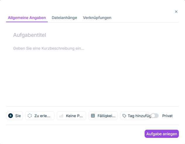 Zeigt den Dialog zum Anlegen einer Aufgabe an
