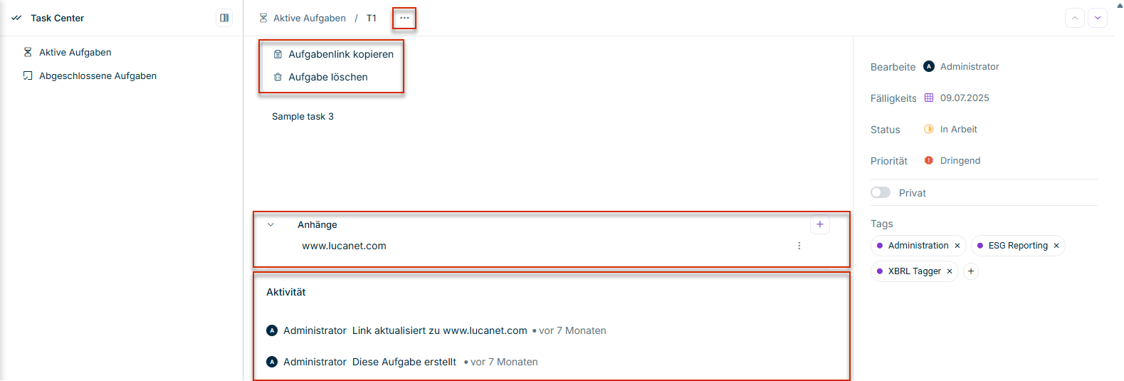 Screenshot mit verfügbaren Aktionen und Aktivitätsprotokoll für eine Aufgabe