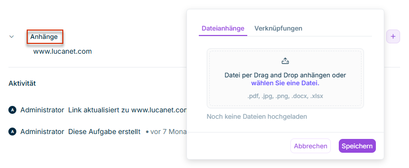 Zeigt den Bereich 'Anhänge' auf der Seite mit den Aufgabendetails und die Optionen zum Hinzufügen von Dateianhängen und Links an.