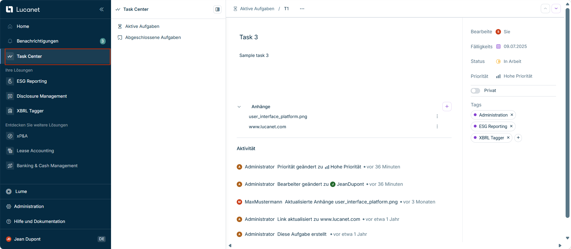 Zeigt die Benutzeroberfläche des Task Centers an.