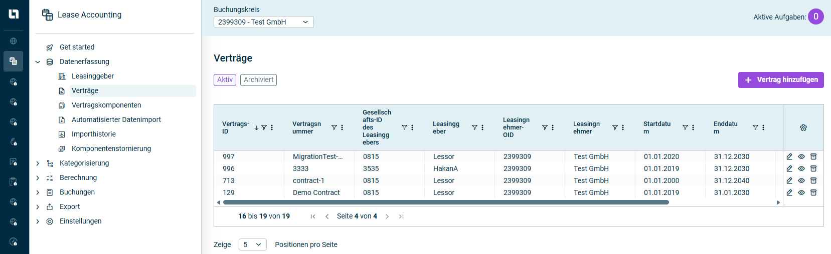 Zeigt den Arbeitsbereich Verträge in Lucanet Lease Accounting