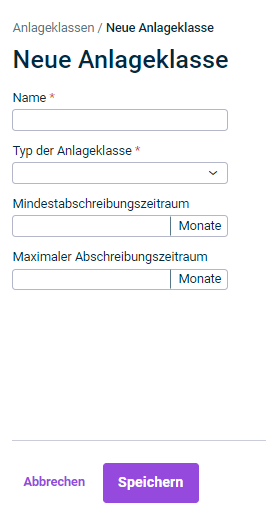 Zeigt die Konfigurationsfelder des Dialogs 'Neue Anlageklasse'.