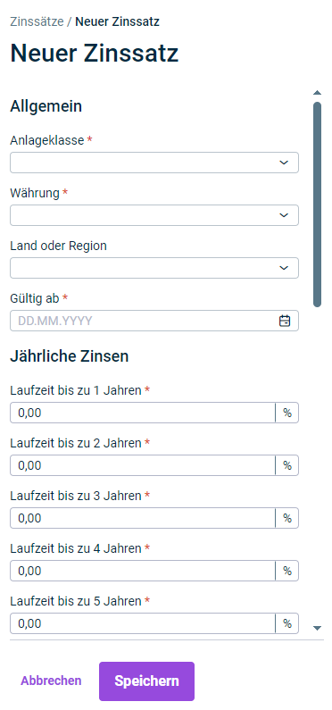 Zeigt die Konfigurationsfelder des Dialogs 'Neuer Zinssatz'.