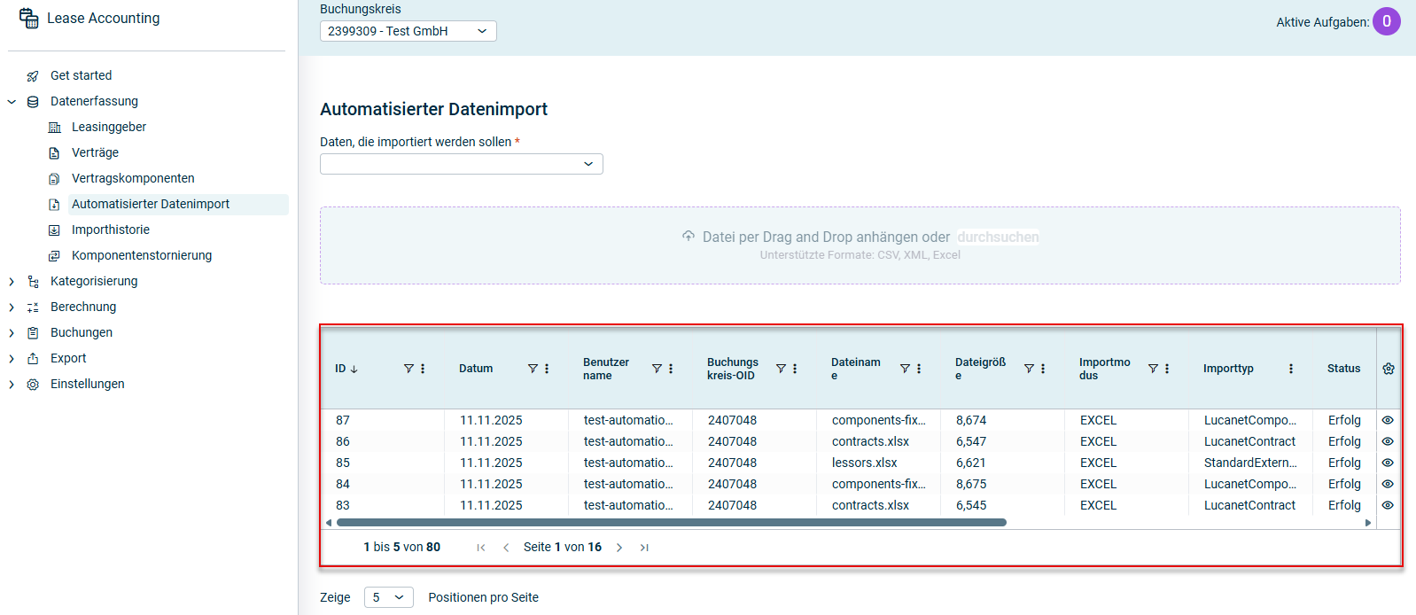 Der Arbeitsbereich 'Automatisierter Datenimport' wird angezeigt. Die Übersichtstabelle ist rot hervorgehoben.