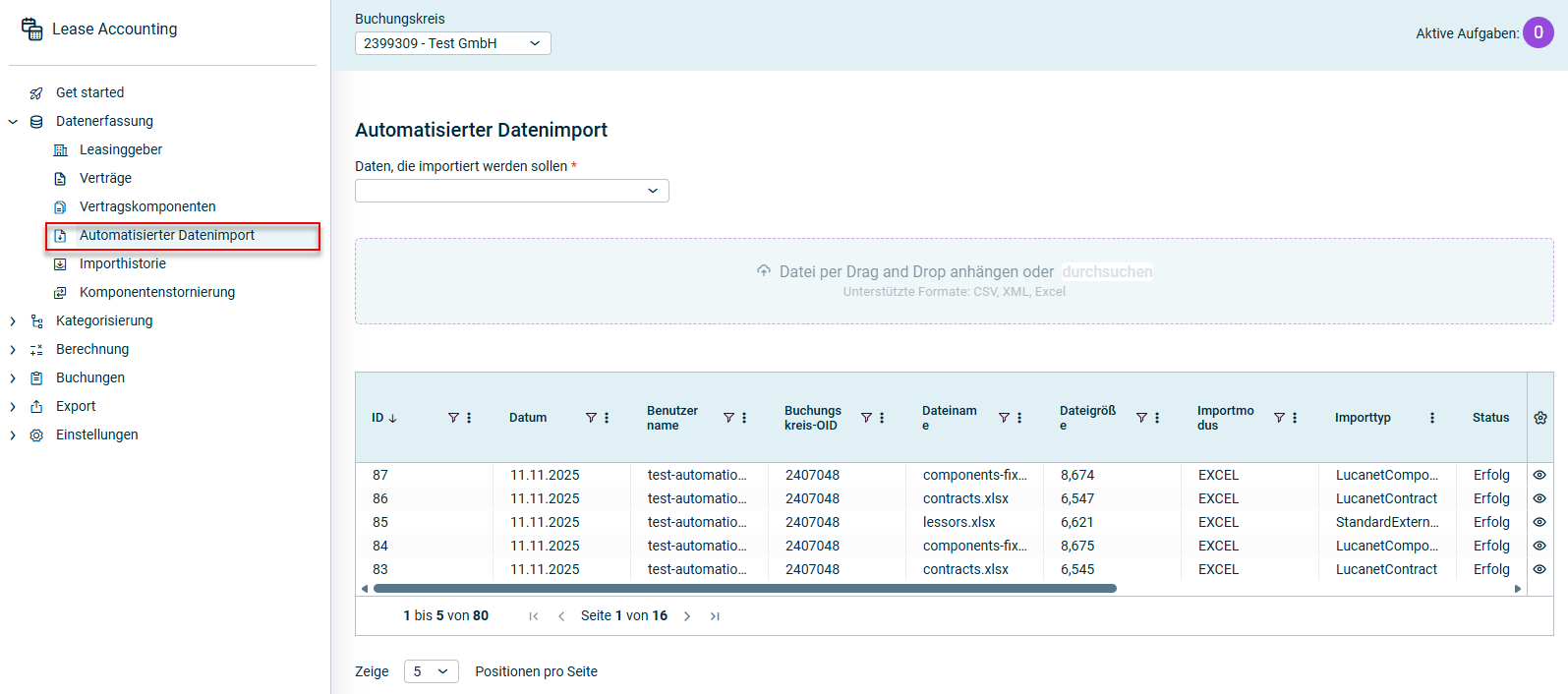Der Arbeitsbereich 'Automatisierter Datenimport' wird angezeigt.