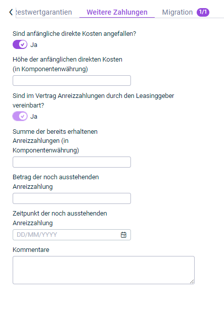 Gezeigt wird der Reiter 'Weitere Zahlungen', der für die Konfiguration einer Leasingkomponente angezeigt wird.