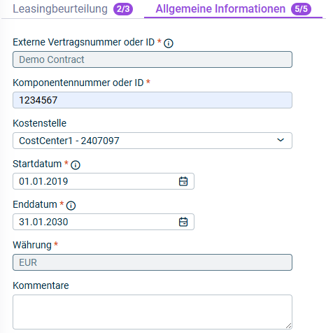 Gezeigt wird der Reiter 'Allgemeine Informationen', der für die Konfiguration einer Vertragskomponente angezeigt wird.