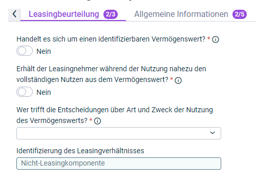 Gezeigt wird der Reiter 'Leasingbeurteilung', der für die Konfiguration einer Vertragskomponente angezeigt wird.