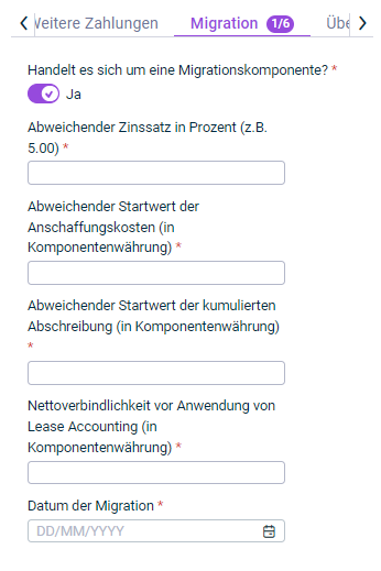 Gezeigt wird der Reiter 'Migration', der für die Konfiguration einer Leasingkomponente angezeigt wird.
