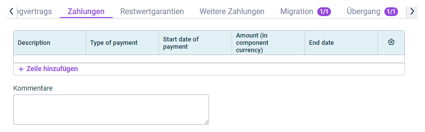 Gezeigt wird der Reiter 'Zahlungen', der für die Konfiguration einer Leasingkomponente angezeigt wird.