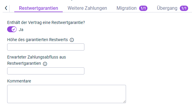 Gezeigt wird der Reiter 'Restwertgarantien', der für die Konfiguration einer Leasingkomponente angezeigt wird.