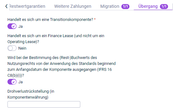 Gezeigt wird der Reiter 'Übergang', der für die Konfiguration einer Leasingkomponente angezeigt wird.