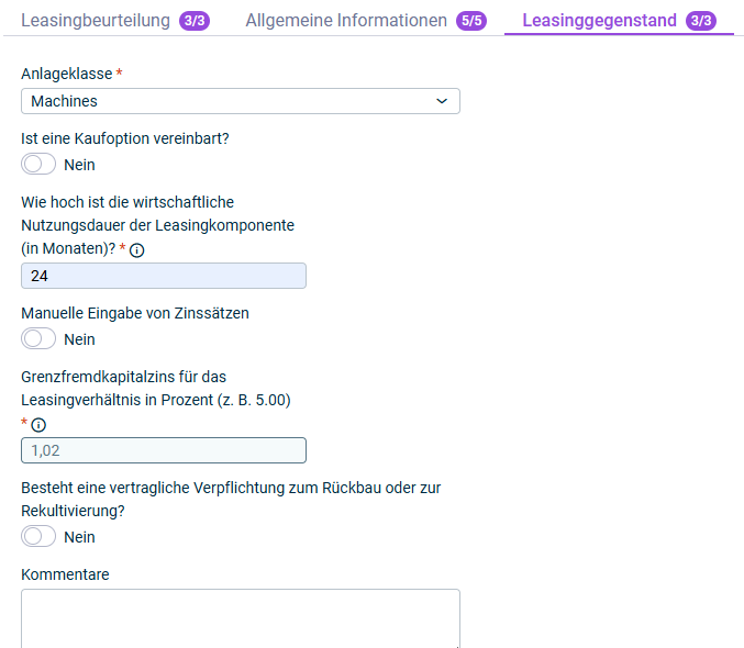 Gezeigt wird der Reiter 'Leasinggegenstand', der für die Konfiguration einer Vertragskomponente angezeigt wird.