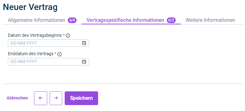 Zeigt die Eingabefelder für die Konfiguration der vertragsspezifischen Informationen