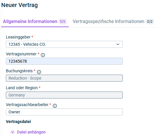 Gezeigt wird der Reiter 'Allgemeine Informationen', der für die Konfiguration eines Vertrags angezeigt wird.