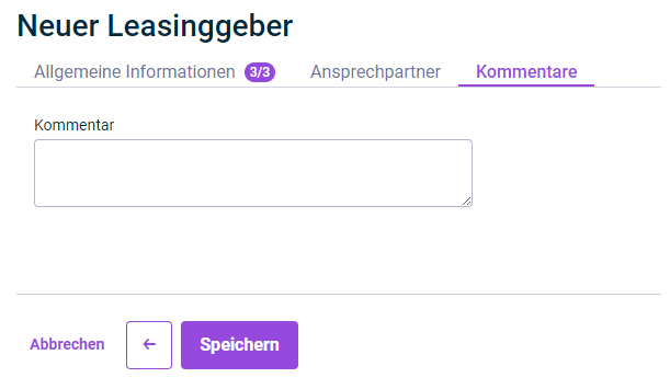 Gezeigt wird der Reiter 'Kommentare', der für die Konfiguration eines Leasinggebers angezeigt wird.