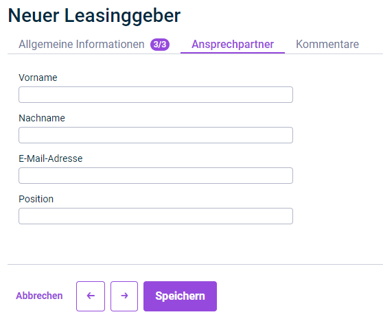 Gezeigt wird der Reiter 'Ansprechpartner', der für die Konfiguration eines Leasinggebers angezeigt wird.