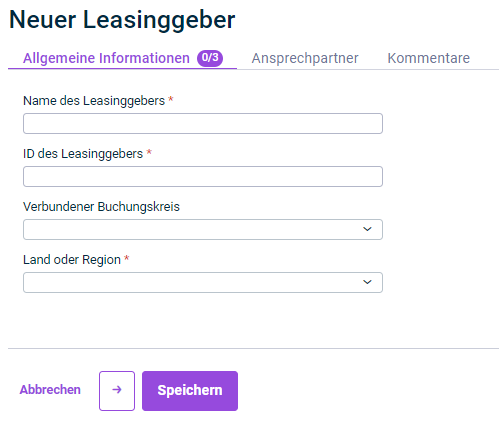 Gezeigt wird der Reiter 'Allgemeine Informationen', der für die Konfiguration eines Leasinggebers angezeigt wird.