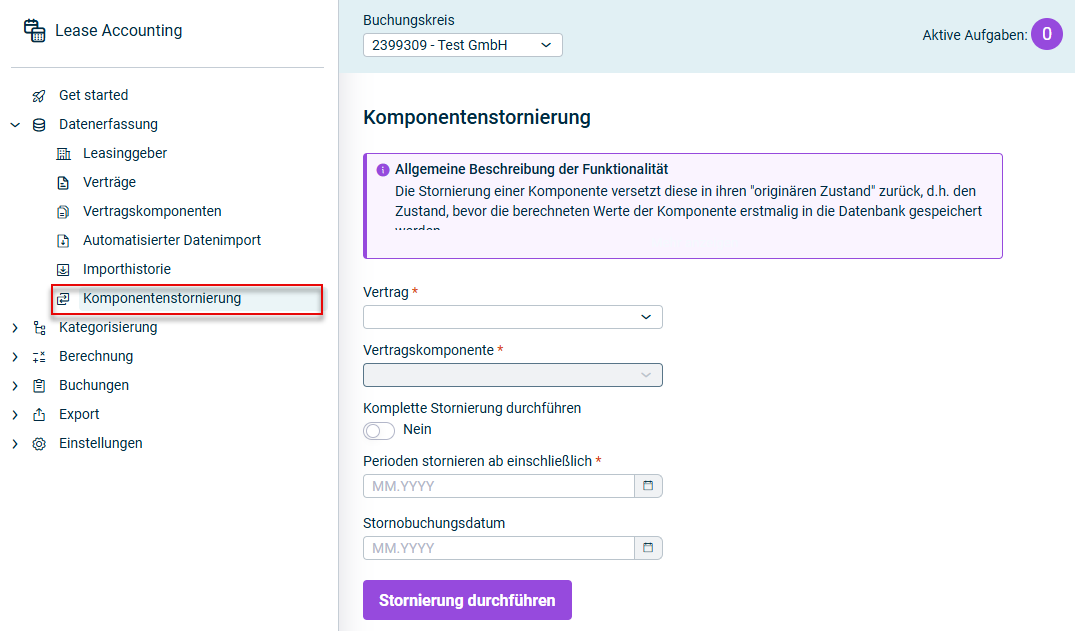 Zeigt den Arbeitsbereich Komponentenstornierung