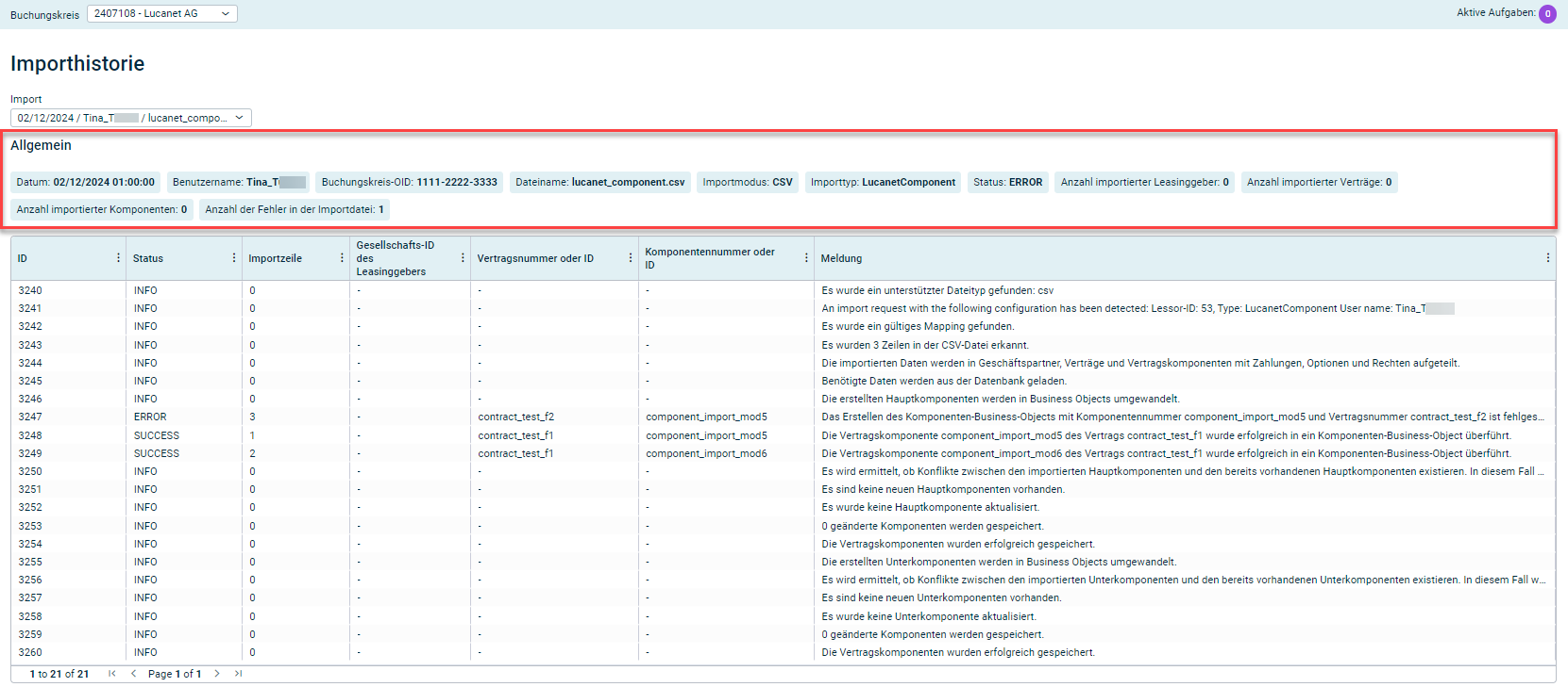 Zeigt den Arbeitsbereich 'Importhistorie', mit ausgewähltem Import. Die allgemeinen Details sind rot hervorgehoben.