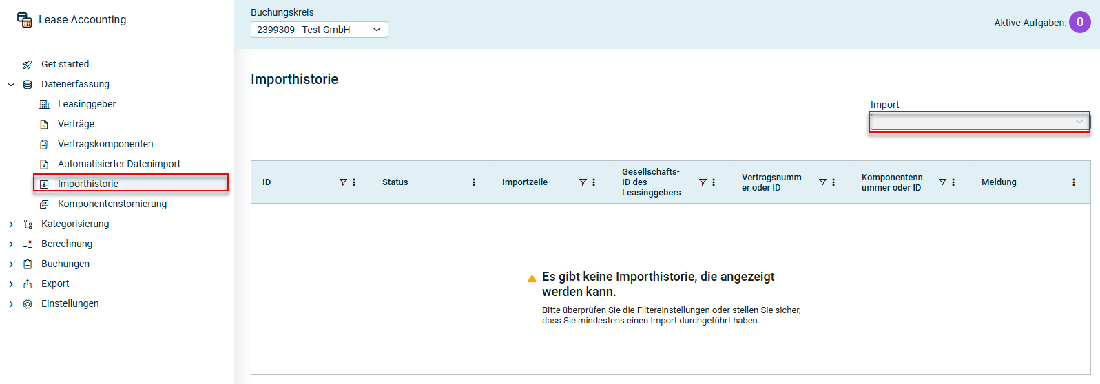 Der Arbeitsbereich 'Importhistorie' ist angezeigt. Die Option zum auswählen von Importen ist rot hervorgehoben.
