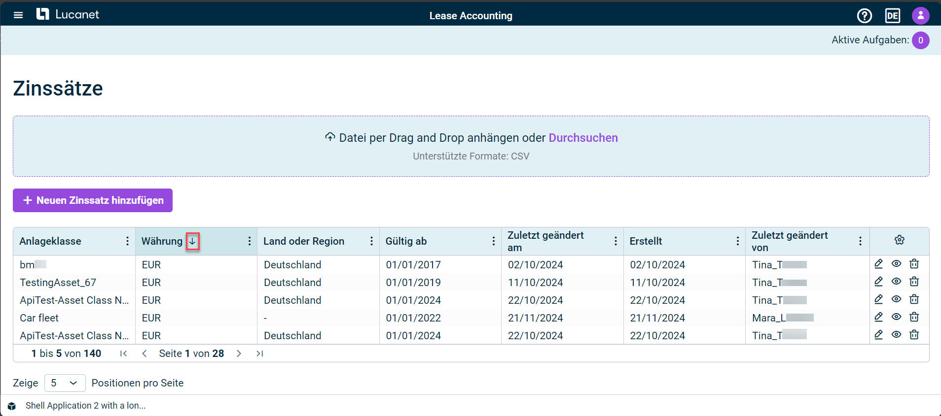 Zeigt die Tabelle Zinssätze in Lease Accounting. Rot hervorgehoben ist das Pfeil-Symbol neben dem Spaltennamen zum Sortieren der Spaltendaten.