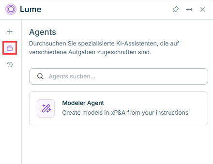 Die Lume-Seitenleiste mit dem Bereich Agents, in dem der Modeler Agent aufgeführt ist.
