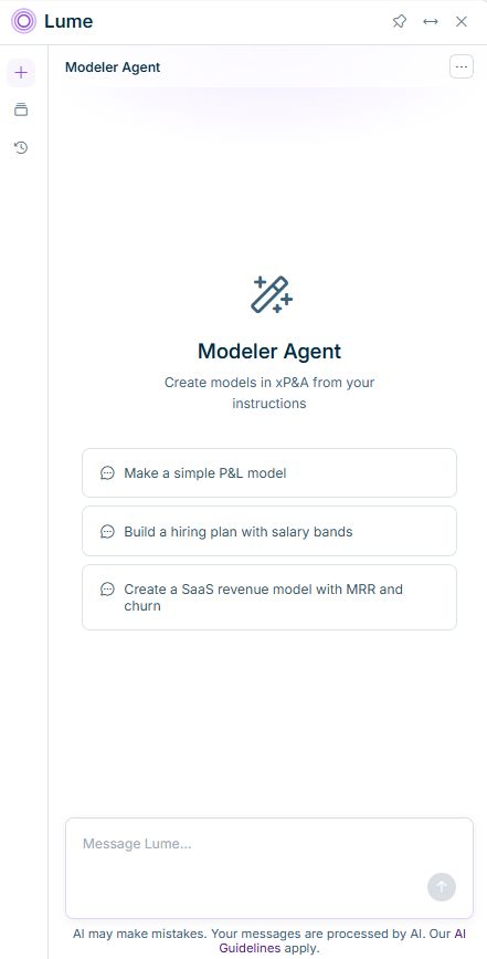 Der Modeler Agent im Lume-Chatfenster mit vorgeschlagenen Prompts.