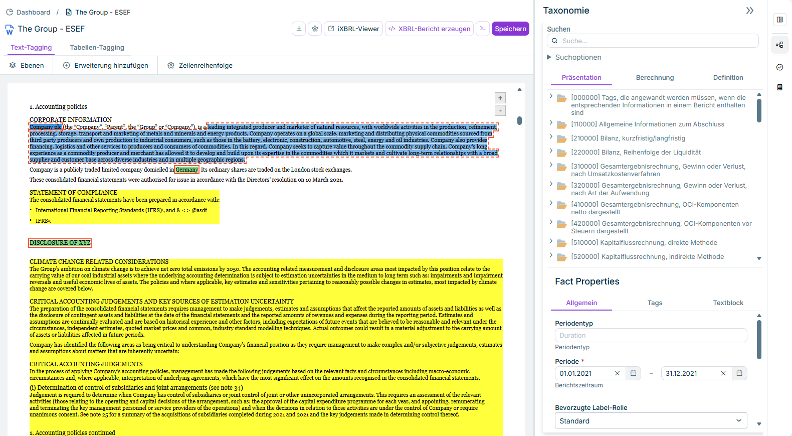 Arbeitsbereich 'XBRL-Dokument' im XBRL-Tagger. Ein Dokument ist geöffnet und ein Tag markiert. Die Eigenschaften des Tags werden in der Mitte, rechts die verwendete Taxonomie angezeigt.