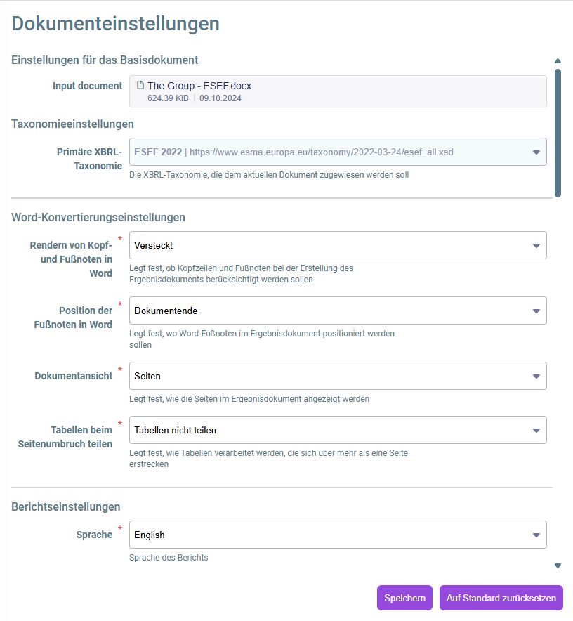 Ausschnitt aus dem XBRL-Tagger. In der Übersicht ist die Schaltfläche zum Öffnen der Einstellungen rot umrandet.