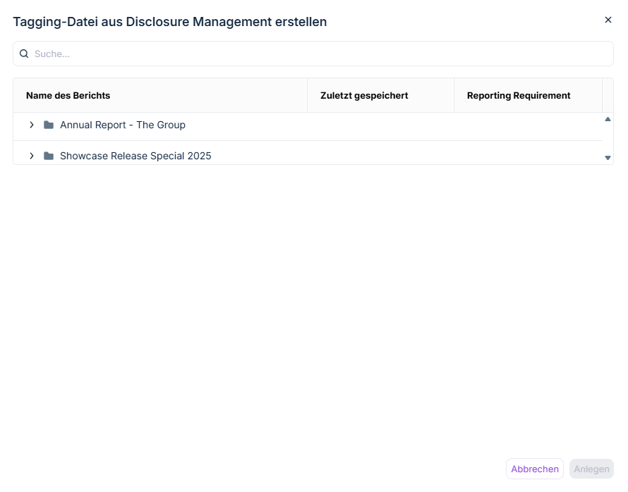 Dialog 'Tagging-Dokument aus Lucanet Disclosure Management hinzufügen'. Der Dialog zeigt zwei Dokumente aus Disclosure Management.