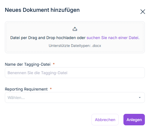 Dialog 'Neues Dokument hinzufügen' mit DOCX und PDF als unterstützten Dateitypen