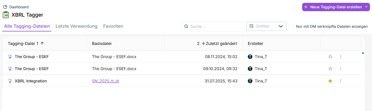 Dashboard im XBRL-Tagger mit vier Dokumenten.