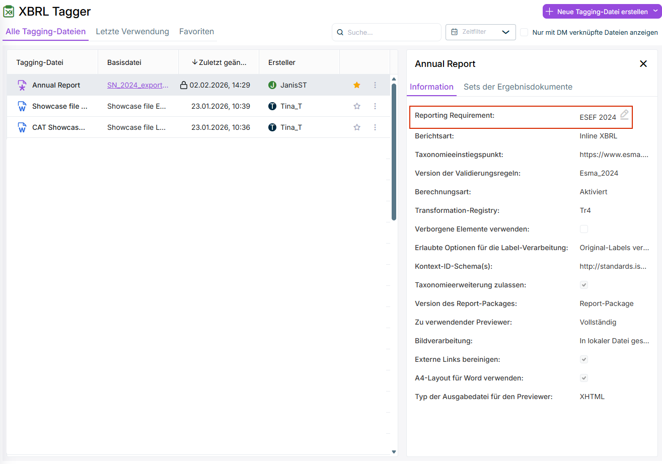 Dashboard mit vier Dokumenten. Zum markierten Dokument werden rechts neben der Liste der Dokumente Informationen angezeigt, z. B. das gewählte Reporting Requirement.