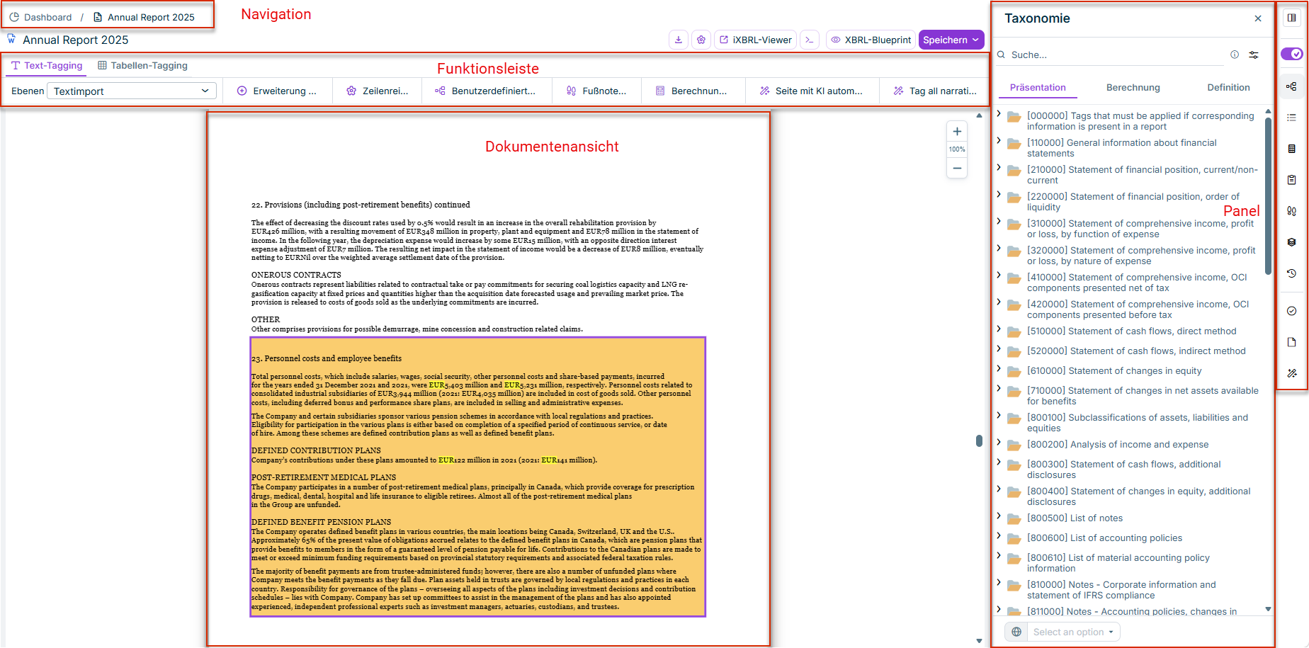 Zeigt die Benutzeroberfläche des XBRL-Tagger. Rot umrandet sind die Bereiche der Benutzeroberfläche am Beispiel einer Dokumentansicht, d. h. die Übersicht mit den Arbeitsbereichen und die Detailansicht.