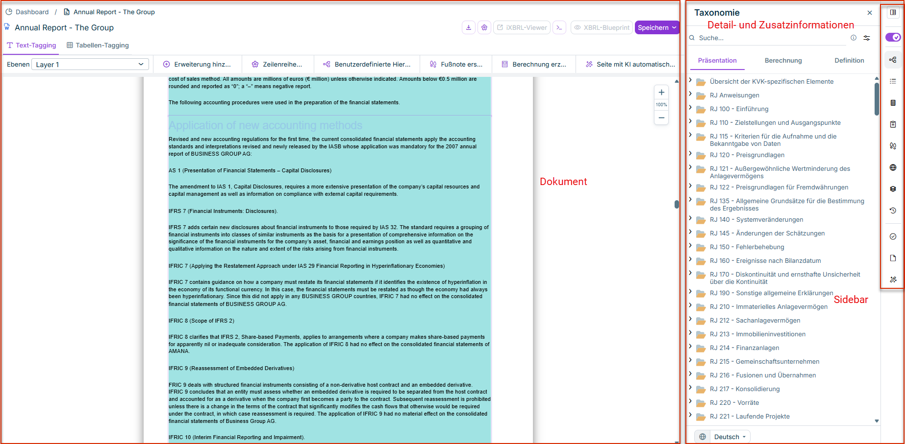 Zeigt ein Word-Dokument im XBRL Tagger. Die Überschriften der drei Hauptbereiche 'Tagging', 'Eigenschaften' und Taxonomie sind rot umrandet