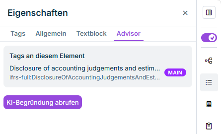 Reiter 'Advisor' im Bereich Eigenschaften