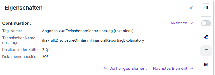 Bereich 'Eigenschaften' mit Continuation-Element