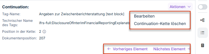 Aktionen für ein Continuation-Element im Bereich 'Eigenschaften'