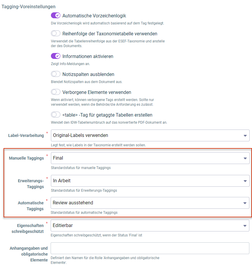 Anzeige der Tagging-Voreinstellungen. Die für den Status von Tags relevanten Optionen sind rot umrandet.