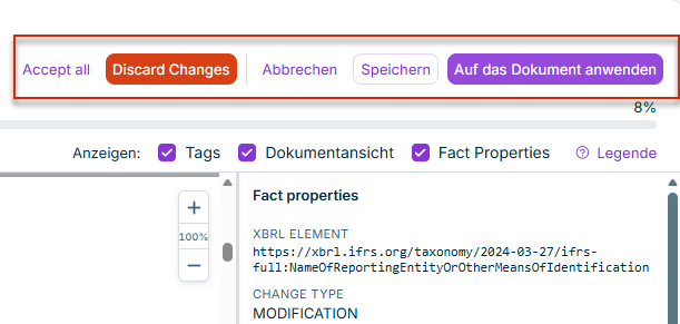 Schaltflächen zum Annehmen, Verwerfen, Abbrechen, Speichern und Anwenden der Tag-Update-Vorschau
