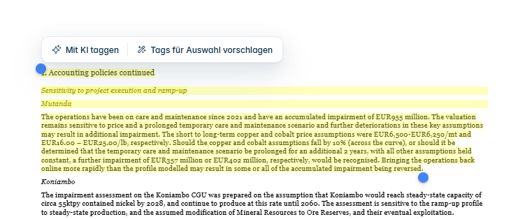 Kontextmenü 'KI-Optionen' für einen markierten, noch nicht getaggten Textbereich mit den Optionen 'Mit KI taggen' und 'Tags für Auswahl vorschlagen'