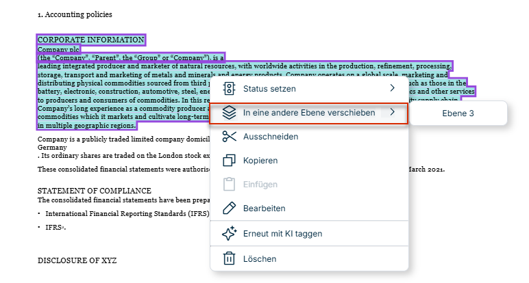 Kontextmenü eines getaggten Textabschnitts mit der markierten Option 'In eine andere Ebene verschieben' und dem Untermenü der Ziel-Ebenen